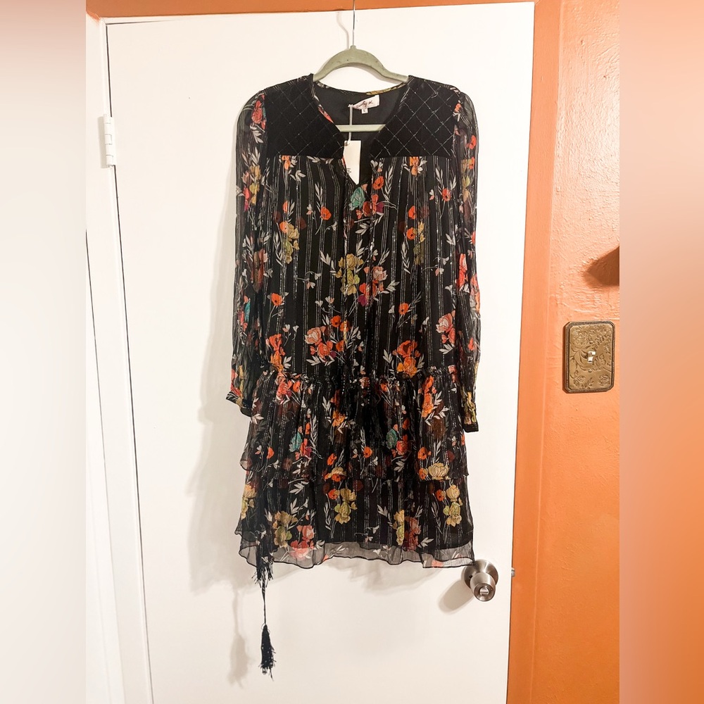 Derhy Floral Long Sleeve Ruffle A-Line midi Dress